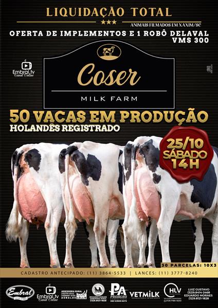 LEILÃO LIQUIDAÇÃO TOTAL COSER MILK FARM | GADO HOLANDÊS E OFERTA DE EQUIPAMENTOS E 1 ROBÔ DELAVAL