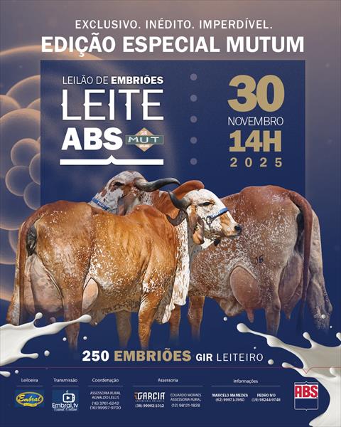LEILÃO DE EMBRIÕES LEITE ABS - EDIÇÃO ESPECIAL MUTUM | EMBRIÕES DE GIR LEITEIRO LEILÃO DE EMBRIÕES LEITE ABS - EDIÇÃO ESPECIAL MUTUM | EMBRIÕES DE GIR LEITEIRO