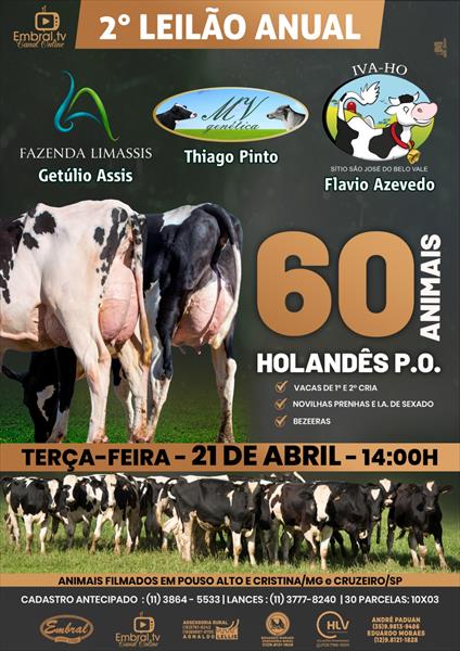 2º LEILÃO ANUAL LIMASSIS, MV GENÉTICA E SÍTIO SÃO JOSÉ DO BELO MONTE | GADO HOLANDÊS P.O.